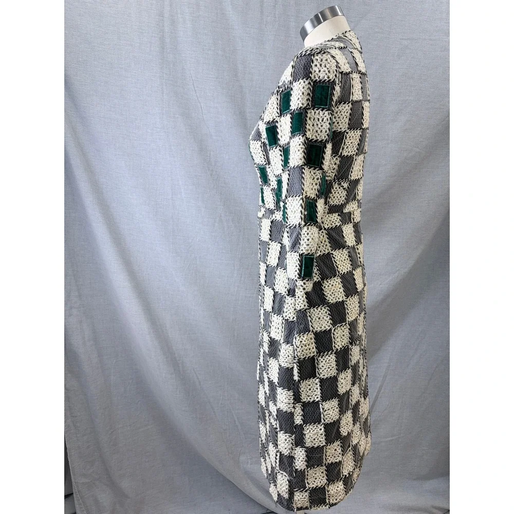 Sara Navon‎ Womens Grey Cream Checkered Velvet Accent Sheath Midi Dress Small
